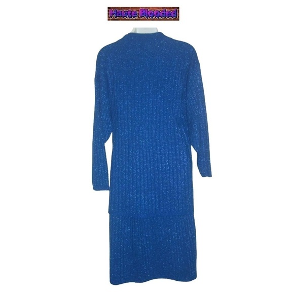 Vintage 80's Mathias Sweater Skirt Set Blue Ribbed Metallic Parisian Chic Glam - Picture 7 of 12